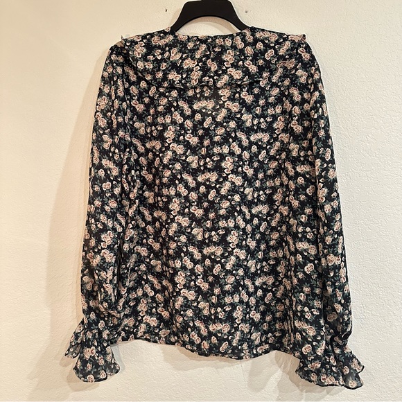 Vintage Floral Print Blouse with Ruffle Cascade Collar, Ruffle Sleeves, Large - Picture 2 of 8
